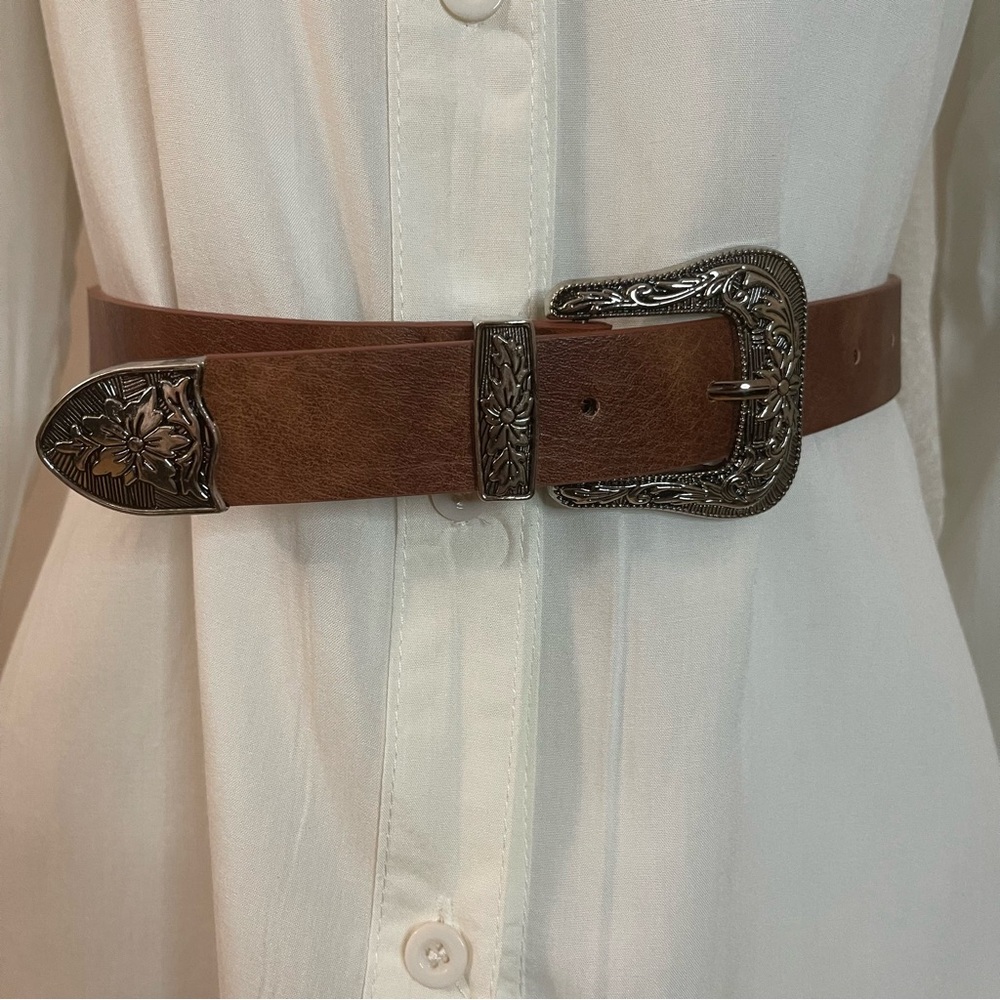 Brown PU leather skinny belt with silver tone buckle
